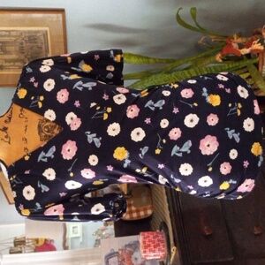 Ann Taylor Navy and Multicolored Floral Print Faux Wrap Stretch Blouse